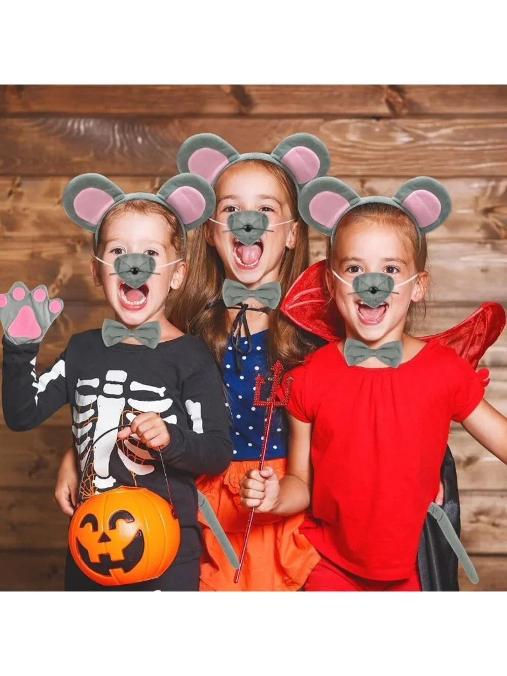 3 Blind Mice Costume Accessory Set - Ears, Tail, Nose, Bow Tie & Gloves for